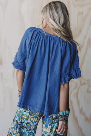 hearts-aligned-ruffled-sleeve-top-dark-denim/Blue