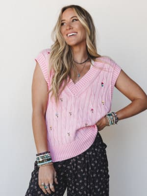 Floral Embers Embroidered Vest - Pink L / Pink