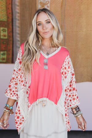 floral-coast-v-neck-top-peach/Orange