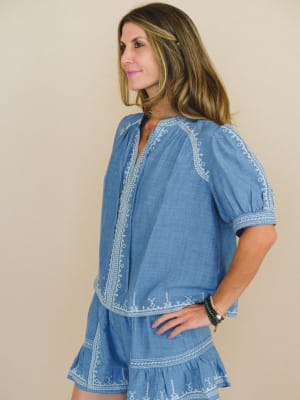 Doxi Embroidered Denim Blouse - Denim XL / Denim