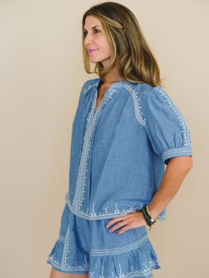 Doxi Embroidered Denim Blouse - Denim XL / Denim
