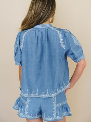 Doxi Embroidered Denim Blouse - Denim XL / Denim