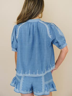 Doxi Embroidered Denim Blouse - Denim XL / Denim
