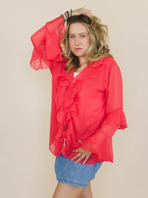 Ginger Rose Ruffle Blouse - Red Orange L / Red Orange