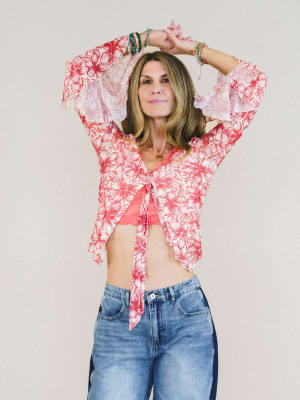 Foxy Flower Bell Sleeve Top - Red L / Red