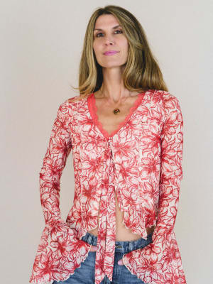Foxy Flower Bell Sleeve Top - Red L / Red