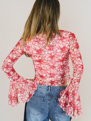Foxy Flower Bell Sleeve Top - Red L / Red