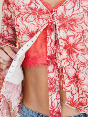 Foxy Flower Bell Sleeve Top - Red L / Red