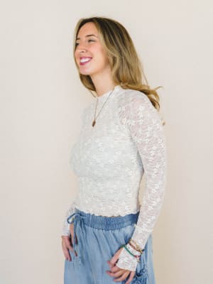 Lace Crush Long Sleeve Top - Cream L / Cream