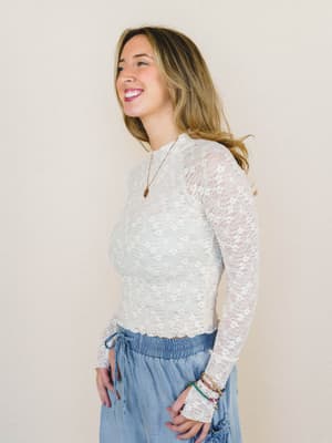 Lace Crush Long Sleeve Top - Cream L / Cream