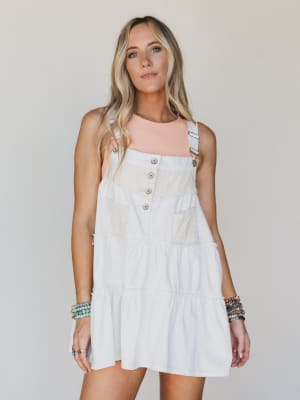 Petal Pockets Crochet Denim Dress - White L / White