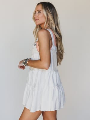 Petal Pockets Crochet Denim Dress - White L / White