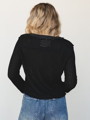 Shot from behind, a model wears a black ribbed cardigan with a polka dot contrast collar detail, paired with light wash straight-leg jeans — easy, lived-in style with just enough personality to make you look twice.