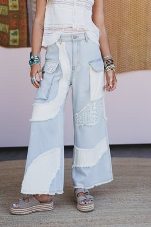 Seaside Bloom Crochet Detail Pants: undefined
