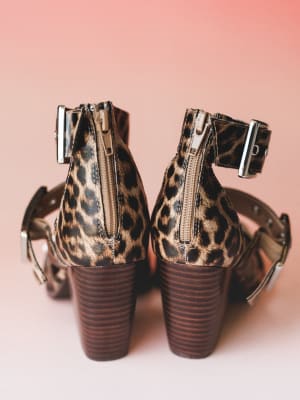 A pair of leopard print block heel booties shot from behind against a soft pink backdrop — all the personality is in the back zipper, silver buckle hardware, and that stacked wooden heel.