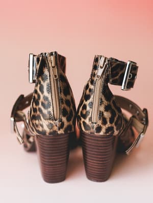 A pair of leopard print block heel booties shot from behind against a soft pink backdrop — all the personality is in the back zipper, silver buckle hardware, and that stacked wooden heel.