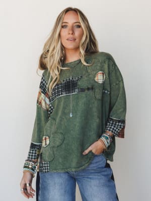 Wild Iris Patchwork Top - Olive L / Olive