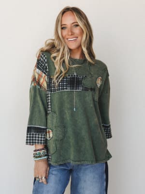 Wild Iris Patchwork Top - Olive L / Olive