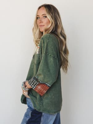 Wild Iris Patchwork Top - Olive L / Olive