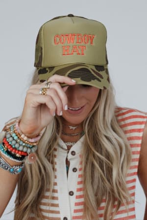 not-your-cowboy-trucker-hat-olive-camo/Olive Camo