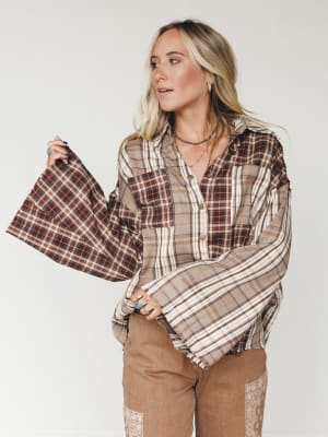 Plaid Flannel Bell Sleeve Top: undefined