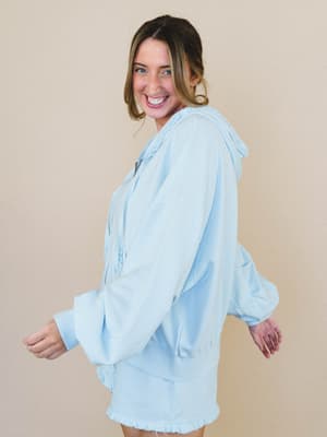 Pearl Ruffle Zip Up Hoodie - Light Blue M / Light Blue