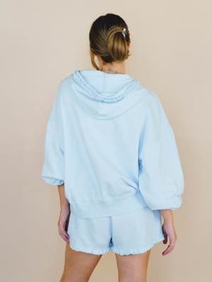 Pearl Ruffle Zip Up Hoodie - Light Blue M / Light Blue