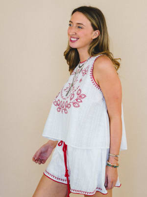 Dreaming of Islands Embroidered Top - Off White Red M / Off White Red