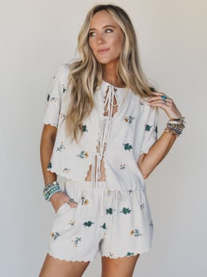 Fleur Amore Embroidered Tie Front Top - Oatmeal L / Beige