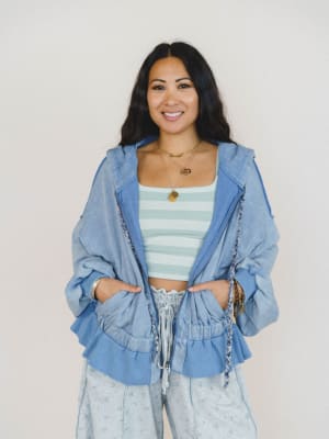 Wistful In Ruffles Zip Up Hooded Jacket - Blue XL / Blue