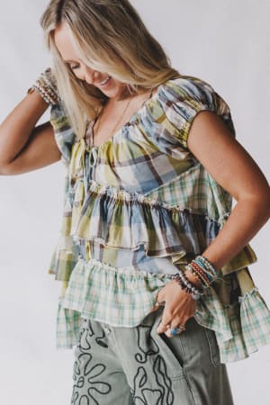 clover-stitch-plaid-top-green/Green