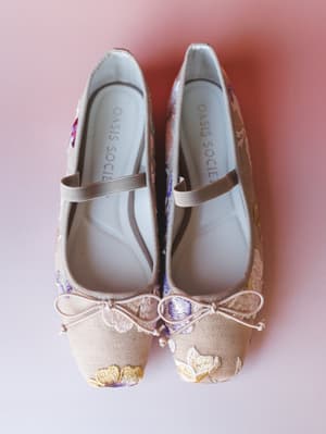 A pair of embroidered floral ballet flats shot overhead against a soft pink background — the kind of shoes that make you feel like you packed perfectly for a trip you haven't booked yet.