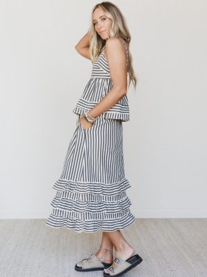Freya Striped Ruffle Trim Two Piece Set - Dark Navy L / Dark Navy