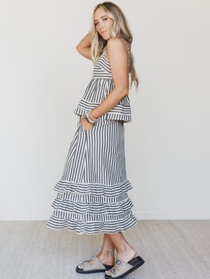 Freya Striped Ruffle Trim Two Piece Set - Dark Navy L / Dark Navy