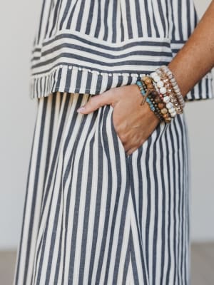 Freya Striped Ruffle Trim Two Piece Set - Dark Navy L / Dark Navy