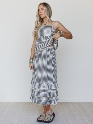 Freya Striped Ruffle Trim Two Piece Set - Dark Navy L / Dark Navy