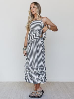Freya Striped Ruffle Trim Two Piece Set - Dark Navy L / Dark Navy