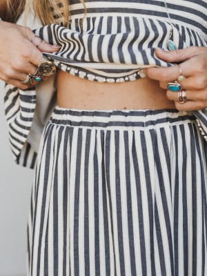 Freya Striped Ruffle Trim Two Piece Set - Dark Navy L / Dark Navy