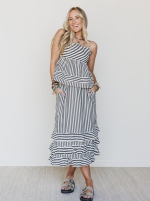Freya Striped Ruffle Trim Two Piece Set - Dark Navy L / Dark Navy