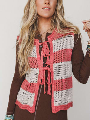 Wave Line Knit Vest - Coral Red L / Coral Red