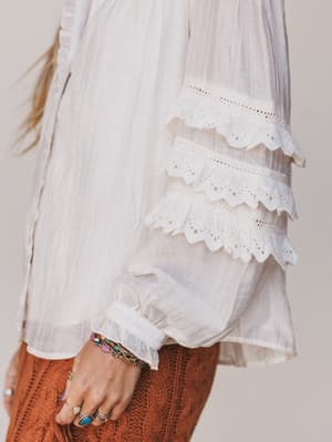Close-up of a white lace-trimmed blouse with a neutral background