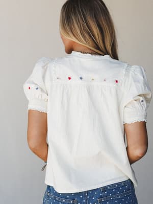 A back-view shot of a cream cotton blouse with delicate floral embroidery across the yoke, puff sleeves with smocked cuffs, and eyelet lace trim — paired with polka dot denim for an easy, sweet-meets-vintage feel.