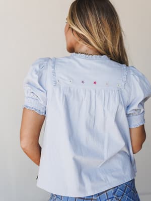 Shot from the back, this soft misty blue blouse shows off its sweetest details — a smocked yoke with delicate lace trim, scattered multicolor floral embroidery, and puff sleeves with smocked cuffs that feel like something you'd find in a vintage shop