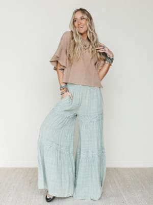 Farrah Flower Wide Leg Pants - Light Blue XL / Light Blue
