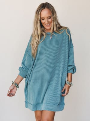 The Nest Moon Glow Long Sleeve Dress - Spruce S / Spruce