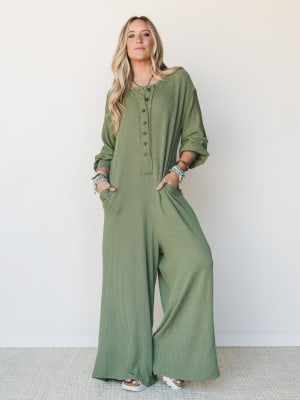 The Nest Daphne Textured Long Sleeve Jumpsuit - Army M / Army