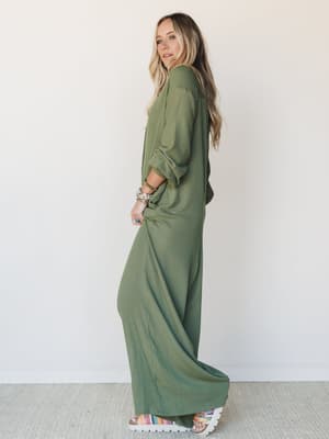 The Nest Daphne Textured Long Sleeve Jumpsuit - Army M / Army