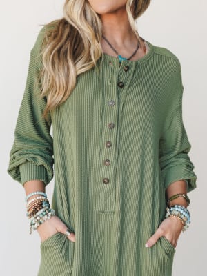 The Nest Daphne Textured Long Sleeve Jumpsuit - Army M / Army