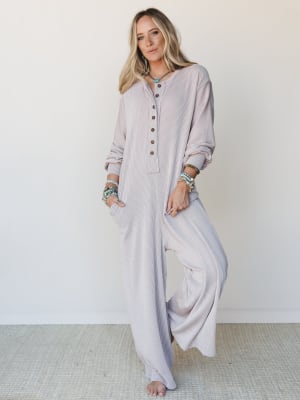 The Nest Daphne Textured Long Sleeve Jumpsuit - Oat XL / Oat