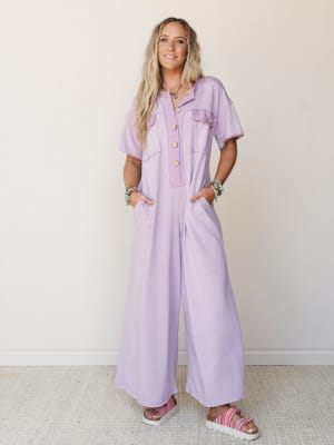 The Nest Jodi Short Sleeve Jumpsuit - Lavender S / Lavender